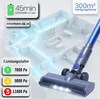 A digital illustration of a cordless vacuum cleaner and its features, overlaid on a blueprint of a house. Produktbild-Vorschau