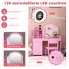A pink children's vanity table with a mirror and stool, featuring LED lights and various accessories. The image also includes informational graphics about the lights and battery box. Podgląd zdjęcia produktu