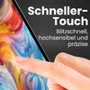 A close-up of a finger touching a screen with colorful abstract art, with marketing text overlayed. Produktbild-Vorschau