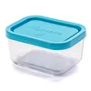 A clear glass food container with a turquoise lid. Produktbild-Vorschau