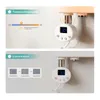 A split image showing two different features of a white electric radiator thermostat. Produktbild-Vorschau