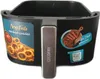 A black air fryer basket with various labels and graphics. Produktbild-Vorschau