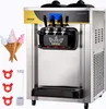 A commercial soft-serve ice cream machine with three dispensers, shown with a display screen and control buttons. Several ice cream cones are placed to the left of the machine, and some accessories are below them. Voir les images du produit