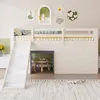 A child's loft bed with a slide, desk, and drawers, decorated with wall art. Náhled obrázku produktu