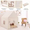 A collage of images showing details of a children's play tent and the tent itself in a room setting. Produktbild-Vorschau