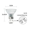 A diagram showing the dimensions of a GU10 LED light bulb, with a close-up of the base. Produktbild-Vorschau