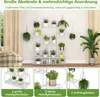 A white multi-tiered plant stand with various potted plants displayed on it, set against a neutral background with curtains and a sofa visible. Below the main image are three smaller close-up shots highlighting different aspects of the plant stand. Produktbild-Vorschau