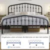 A black metal bed frame with a crown motif headboard, shown with bedding and pillows. Below the bed, there are two wicker storage baskets. The bottom of the image contains a diagram illustrating how the bed frame's slats prevent mattress slippage. Produktbild-Vorschau