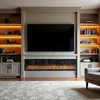 A modern living room with a large electric fireplace and television. Produktbild-Vorschau