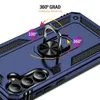 A close-up view of a blue phone case with a 360-degree rotating metal ring stand, highlighting its features with text and graphics. Produktbild-Vorschau