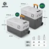 Two portable refrigerators of different sizes are shown with dimensions and capacity information. A table at the bottom provides capacity details for different bottle and can sizes. Náhled obrázku produktu
