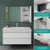 A modern bathroom vanity with a sink and a mirrored cabinet above it, with close-up shots of the cabinet's features. Produktbild-Vorschau