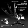 A gaming chair with multiple recline angles illustrated, along with text indicating features and benefits. Náhled obrázku produktu