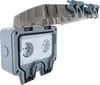 A gray, weather-resistant outdoor electrical outlet with two sockets, shown with its protective cover open. Anteprima dell’immagine prodotto