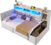 A white upholstered daybed with integrated shelving and LED lighting. Produktbild-Vorschau