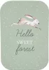 A light green background with white polka dots, featuring a watercolor illustration of a running rabbit and text. Produktbild-Vorschau