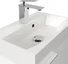 A close-up view of a modern white sink with a chrome faucet and drain. Produktbild-Vorschau