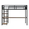 A black metal loft bed with a wooden desk and shelves, shown against a white background. Náhled obrázku produktu