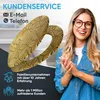 A woman is smiling and clapping her hands next to a decorative golden object, with marketing text and icons in the background. Produktbild-Vorschau