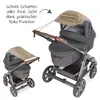 Two views of a stroller with a sunshade extended, one showing the sunshade fully deployed and the other partially deployed. Produktbild-Vorschau