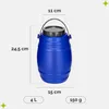 A blue plastic barrel with a black lid and handle, shown with measurement indicators. Voir les images du produit