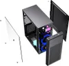 An exploded view of a computer case with its side panel and front panel removed, showing internal components like fans. Produktbild-Vorschau