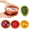 A collage of images showing food storage containers for fruits and vegetables, with hands holding one of the containers. Produktbild-Vorschau