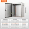 A diagram showing the dimensions of a metal electrical enclosure, with a table listing external, internal, and bottom outlet sizes. Náhled obrázku produktu