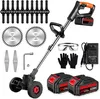 A collection of parts and accessories for a cordless grass trimmer, laid out on a white background. Produktbild-Vorschau