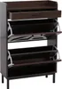A dark brown shoe cabinet with a drawer and three flip-down compartments, shown against a white background. Podgląd zdjęcia produktu
