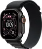 A close-up of an Apple Watch Ultra with a black band and a black watch face displaying various metrics. Voir les images du produit
