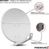 A satellite dish with callouts highlighting its features and materials. Produktbild-Vorschau