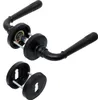 A set of black door handles and their mounting plates, shown disassembled. Produktbild-Vorschau