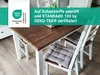 A dining table with chairs and seat cushions, with a certification label and text overlay. Produktbild-Vorschau