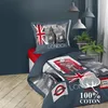 A bed with a London-themed duvet cover and pillow. Produktbild-Vorschau