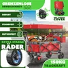 A red foldable wagon with a canopy, filled with items and a dog, shown outdoors with promotional text and graphics. Produktbild-Vorschau