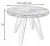 A line drawing of a round table with a textured wood top and four angled legs. Dimensions are shown for height and diameter. Náhled obrázku produktu