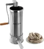 A stainless steel sausage stuffer with a wooden handle and a plate of sausages next to it. Produktbild-Vorschau