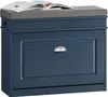 A blue shoe cabinet with a gray upholstered seat cushion on top, and a book placed on the cushion. Náhľad obrázku produktu