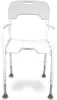 A white shower chair with a hygiene cutout and armrests, shown from the front on a white background. Produktbild-Vorschau