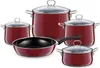 A set of red cookware with glass lids and silver handles, including pots and a frying pan, arranged on a white background. Náhled obrázku produktu