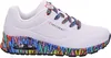 A side view of a white Skechers sneaker with colorful accents on the laces and sole. Voir les images du produit