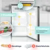 An open refrigerator with callouts highlighting its features, and inset images of food items and accessories. Produktbild-Vorschau