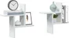 Two white wall shelves are displayed against a white background. The left shelf holds a clock, two books, a framed feather, and a white vase. The right shelf holds a green vase, a potted plant, and several books. Podgląd zdjęcia produktu
