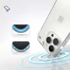 A clear iPhone case is shown on a white background, with graphic elements illustrating its protective features. Podgląd zdjęcia produktu
