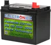 A black car battery with a colorful label is shown against a white background. Náhled obrázku produktu