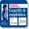 Marketing image for a product related to back health, featuring a silhouette of a spine, text, and certifications. Produktbild-Vorschau