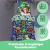 A young boy is sleeping in a bed with Minecraft-themed bedding. The image also includes icons and text describing the product's features. Produktbild-Vorschau