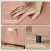 Collage showing close-ups of a pink sofa bed, highlighting its features like high-quality sponge, side pockets, and plastic feet. Anteprima dell’immagine prodotto