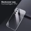 A clear phone case is shown against a dark, textured background. Produktbild-Vorschau